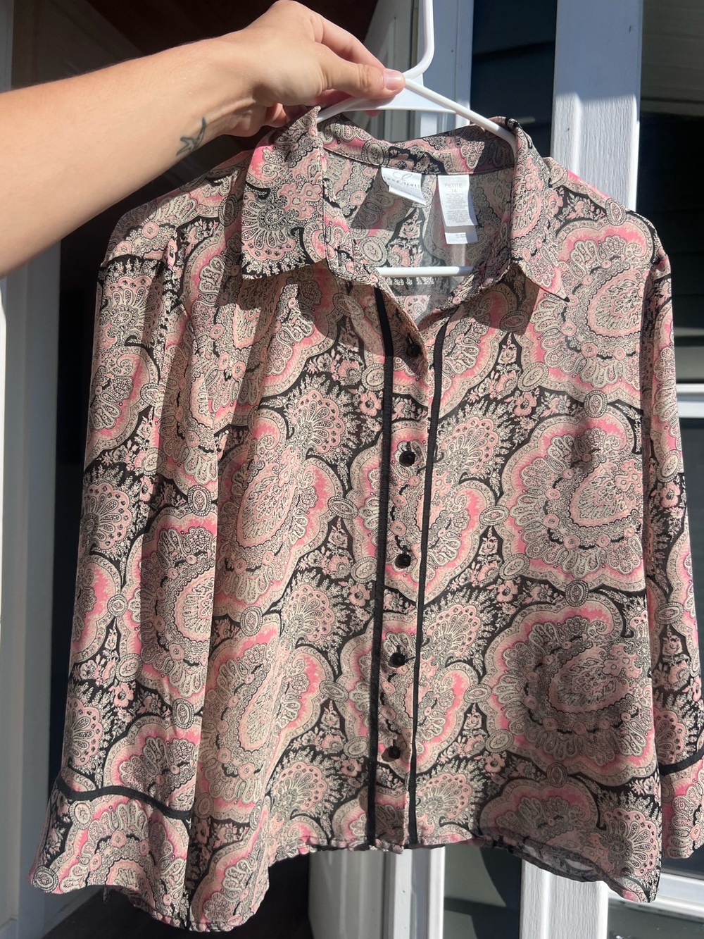 Vintage Emma James Pink & Black Paisley Button Down Sheer Blouse